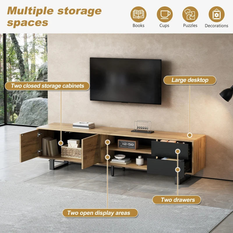 65-Inch Modern TV Stand with Geometric Diagonal Carved Door, Stylish TV Cabinet with Low-Profile Design, 65" L x 15.5" W x 19.5" H, Natural