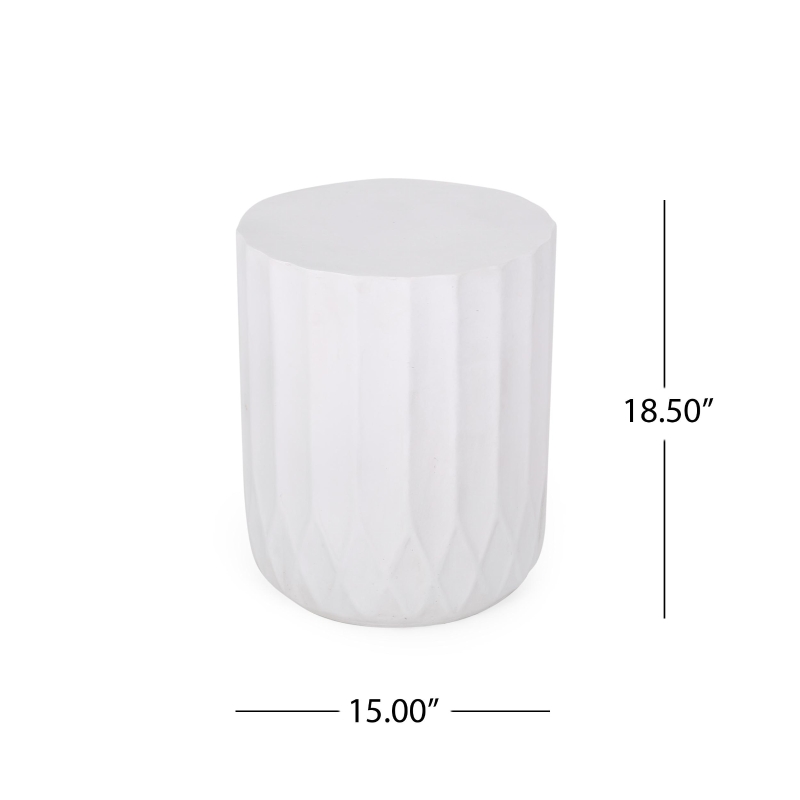Outdoor Concrete Side Table with Subtly Fluted Cylindrical Base, Cylindrical Accent Table with Soft Wave Edge, 15'' L x 15'' W x 18'' H, Antique White