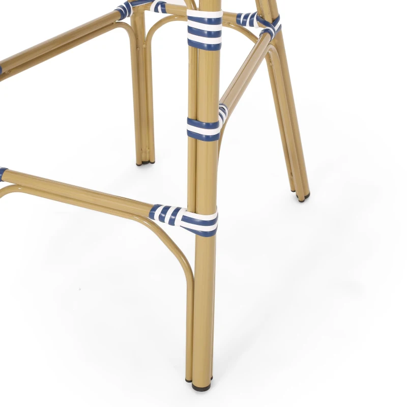 Set of 4 Outdoor Bar Stools with Rust‑Resistant Flat-Wicker construction, Rattan Bar Chairs with Aluminium Frame, 18'' L x 24.5'' W x 45'' H, White+Blue