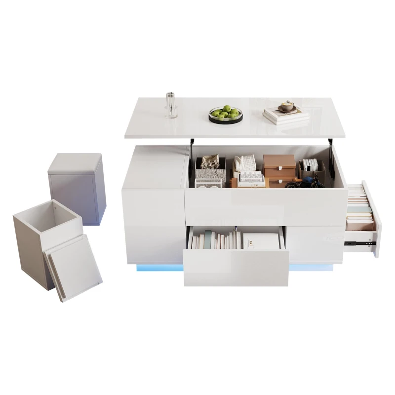 4-in-1 Coffee Table with Height-Adjustable Hydraulic Lift, Versatile Center Table with 2 Soft-Close Drawers, 39.5" L x 19.5" W x 23" H, White
