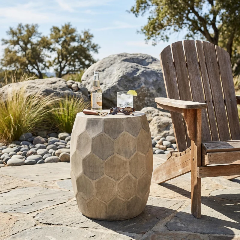 Outdoor Lightweight Concrete Side Table with Subtly Fluted Cylindrical Base, Cylindrical Accent Table with Soft Wave Edge, 14.5'' L x 14.5'' W x 19'' H, Natural