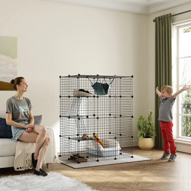 PawHut 4-Tier DIY Large Cat Cage with Hammock, Platforms, Ramps, Accessories for 1-3 Cats, Indoor Use, Black