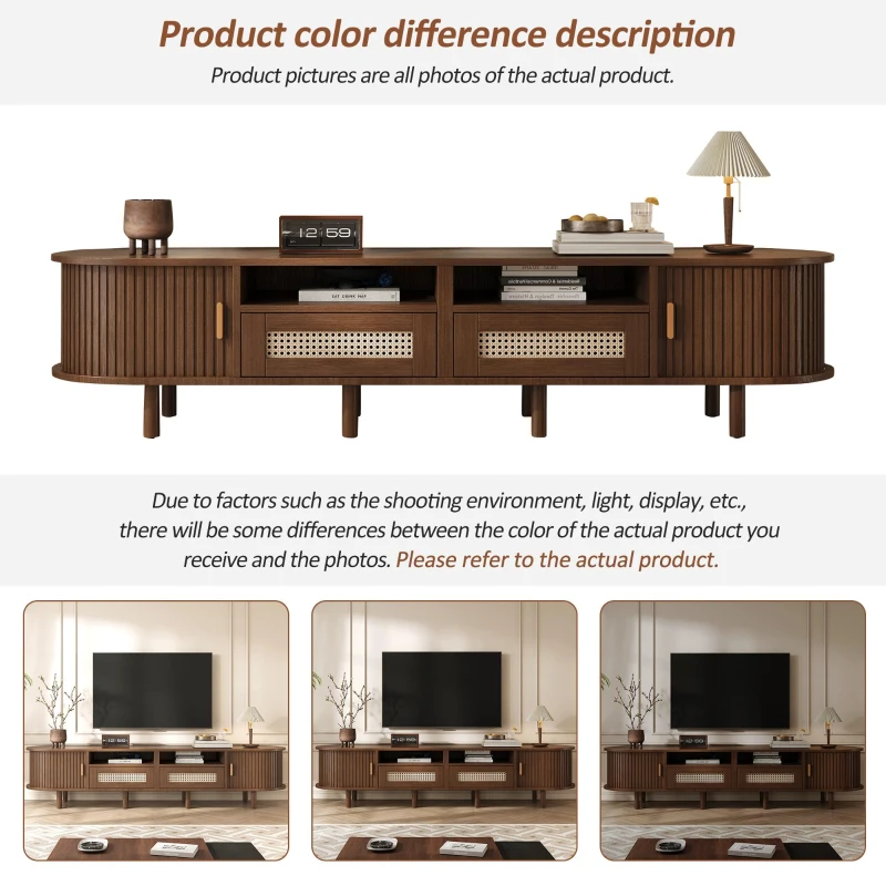 Modern TV Stand with 2 Rattan Drawers and 2 Sliding Doors, Rounded-Corner TV Cabinet with Centre Rattan Panel, 65" L x 15.5" W x 15.5" H, Walnut