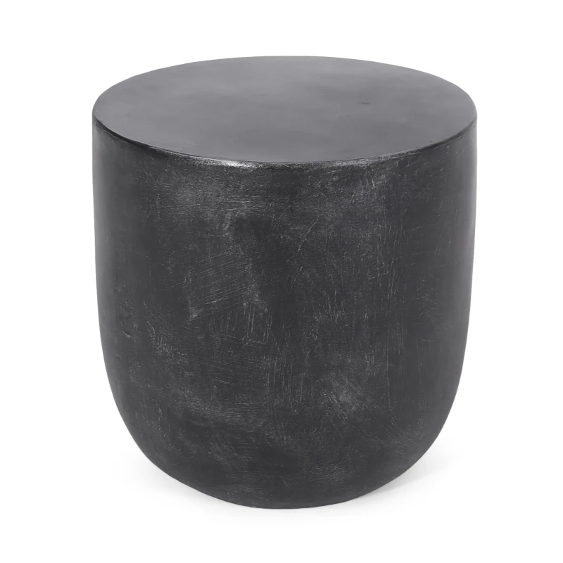 Outdoor Lightweight Concrete Side Table with Fluted Cylindrical Base, Modern Accent Table with Soft Wave Edge, 15.5'' L x 15.5'' W x 16'' H, Matte Black