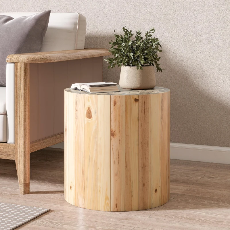 Round End Table with Natural Wood Grain Finish, Solid Wood Side Table for Living Room and Bedroom, 15.5'' L x 15.5'' W x 16'' H, Beige Brown
