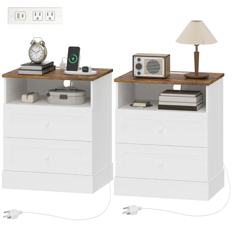 HOMCOM Nightstand with Charging Station 2 Drawers Bedside Table Set of 2 White and Oak