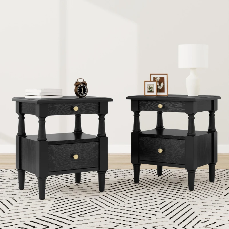 Set of 2 Black Wooden Nightstands with Drawers and Open Shelf, Textured Bedside Tables with Non-Slip Rubber Pads, 19'' L x 15'' W x 22.5'' H, Black