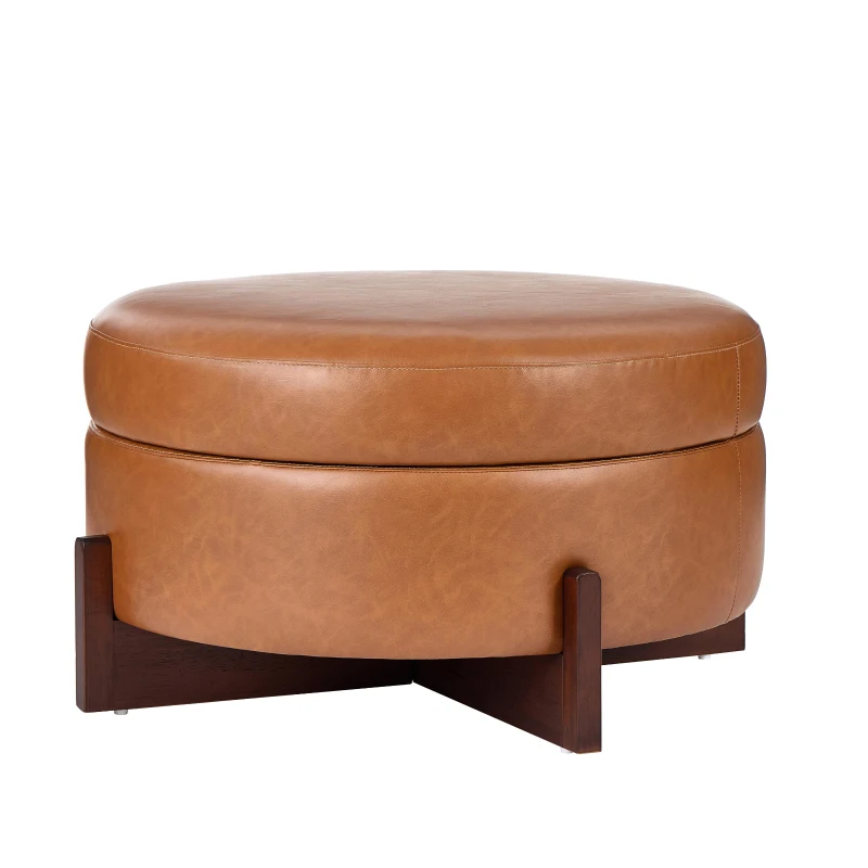 Round Storage Ottoman with Tufted Fabric Upholstery, Multi-Functional Coffee Table with Solid Wood Legs, 32'' L x 32'' W x 17.5'' H, Brown