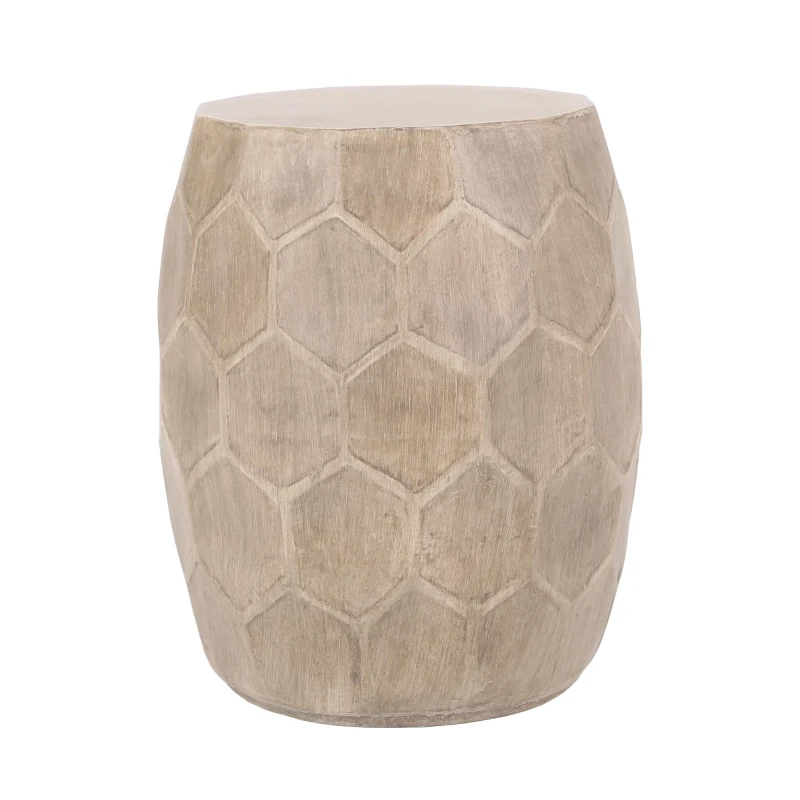 Outdoor Lightweight Concrete Side Table with Subtly Fluted Cylindrical Base, Cylindrical Accent Table with Soft Wave Edge, 14.5'' L x 14.5'' W x 19'' H, Natural
