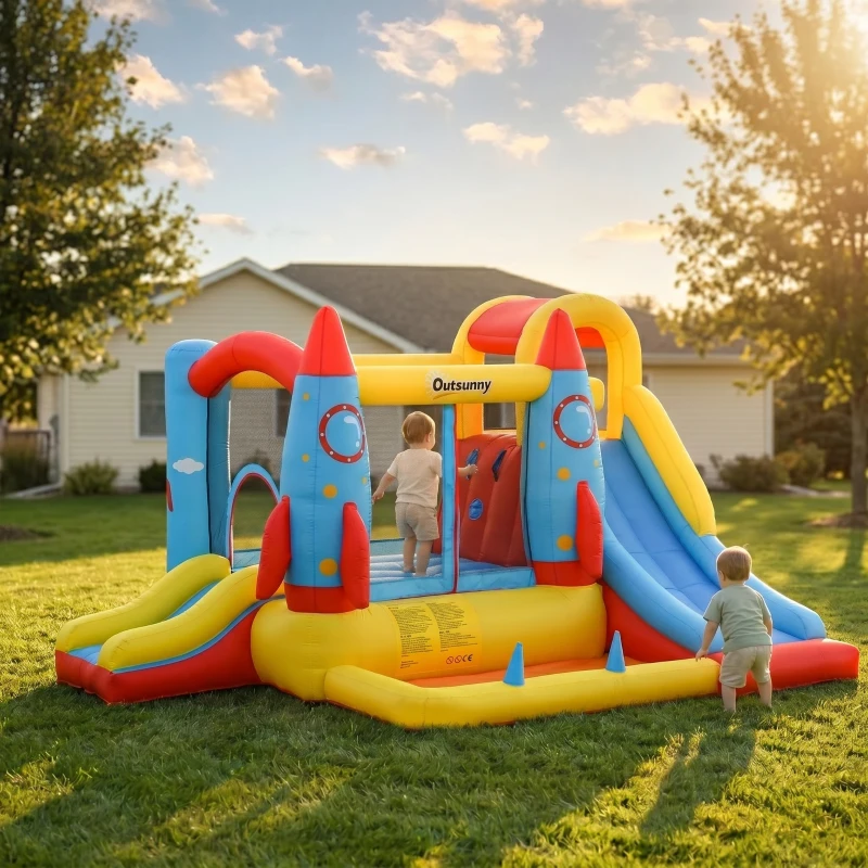 Outsunny Kids Bounce House, 4-in-1 Rocket Inflatable Water Slide Jumping Castle with 2 Slides, Climbing Wall, Trampoline, & Water Pool Area, Air Blower