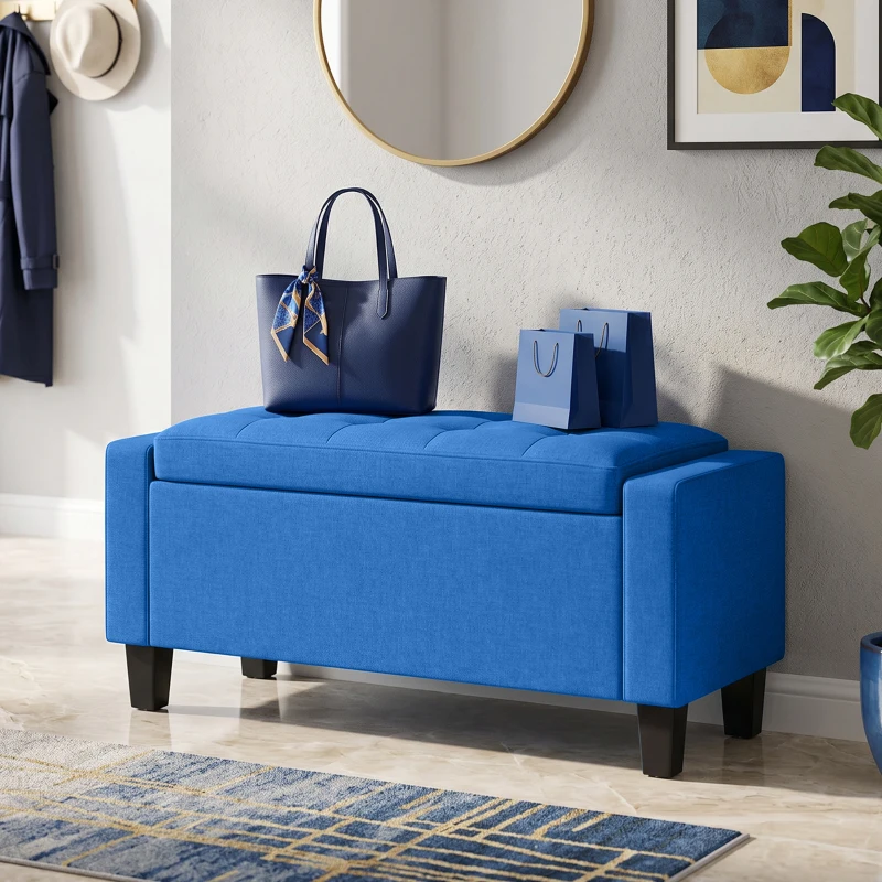 HOMCOM Storage Ottoman, Storage Bench with Wooden Legs, Tufted Armrests for Entryway, Living Room, Bedroom, 36.6", Blue