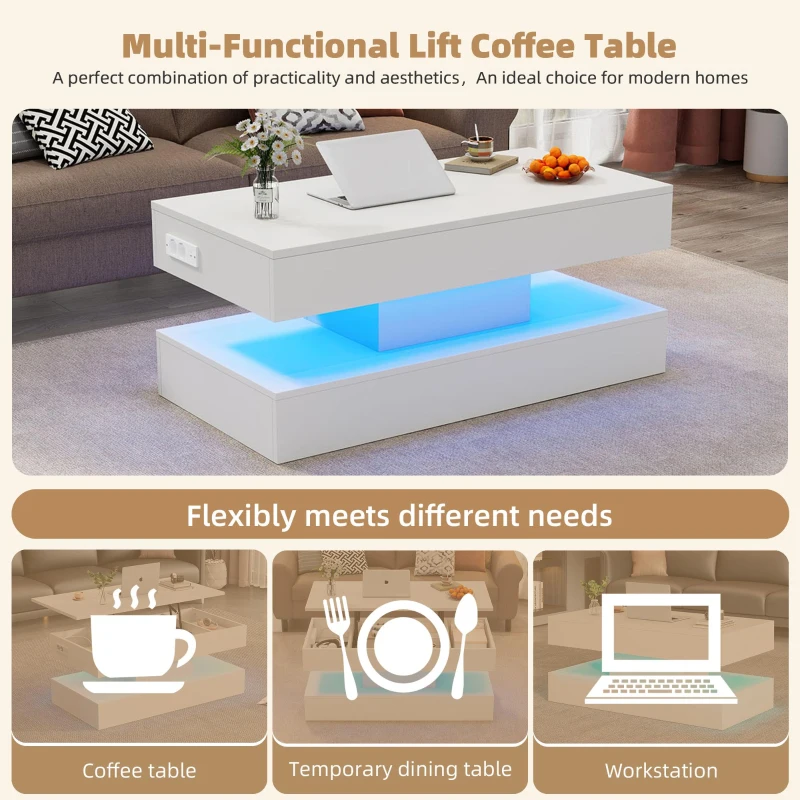 Modern Lift-Up Coffee Table with Bluetooth App-Controlled RGB Lights, Functional Center Table with Hidden Storage, 39.5" L x 19.5" W x 22" H, White