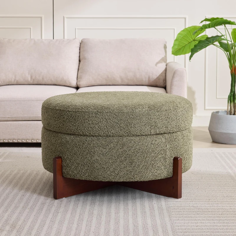 Round Storage Ottoman with Tufted Fabric Upholstery, Multi-Functional Coffee Table with Solid Wood Legs, 32'' L x 32'' W x 17.5'' H, Green
