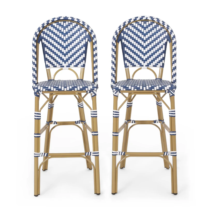 PE Rattan Counter Chairs with Rust‑Resistant Aluminium Frame, Set of 2 Outdoor Barstool with Bamboo‑Print Finish, 18'' L x 24.5'' W x 45.5'' H, White+Blue