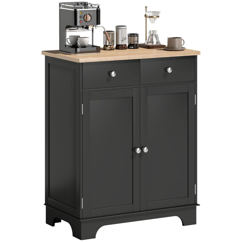 HOMCOM Kitchen Storage Cabinet, Sideboard Floor Cupboard with Solid Wood Top, Adjustable Shelf, and 2 Drawers, Black