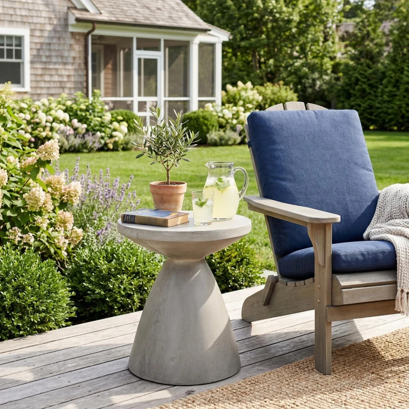 Outdoor Concrete Side Table with Subtly Fluted Cylindrical Base, Fluted Cylindrical Accent Table with Soft Wave Edge, 18'' L x 18'' W x 20.5'' H, Light Grey