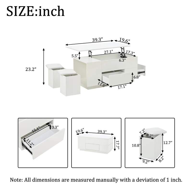 4-in-1 Coffee Table with Height-Adjustable Hydraulic Lift, Versatile Center Table with 2 Soft-Close Drawers, 39.5" L x 19.5" W x 23" H, White