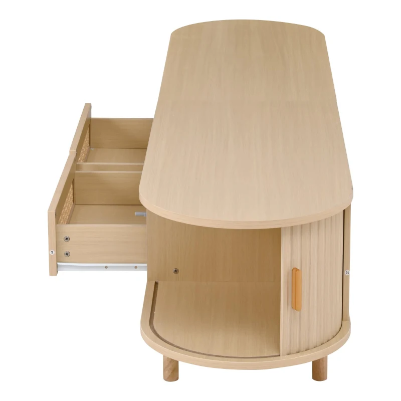 Modern TV Stand with 2 Rattan Drawers and 2 Sliding Doors, Rounded-Corner TV Cabinet with Centre Rattan Panel, 65" L x 15.5" W x 15.5" H, Natural