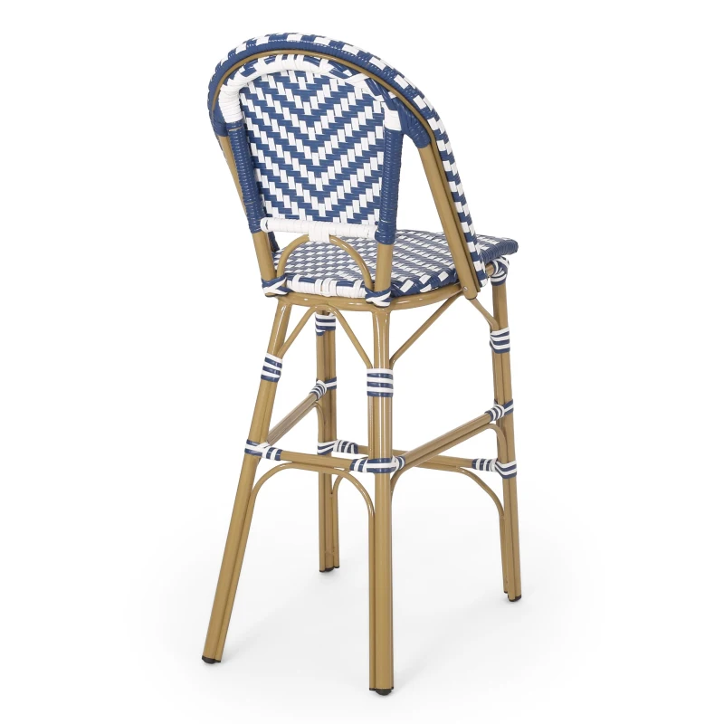 Set of 4 Outdoor Bar Stools with Rust‑Resistant Flat-Wicker construction, Rattan Bar Chairs with Aluminium Frame, 18'' L x 24.5'' W x 45'' H, White+Blue