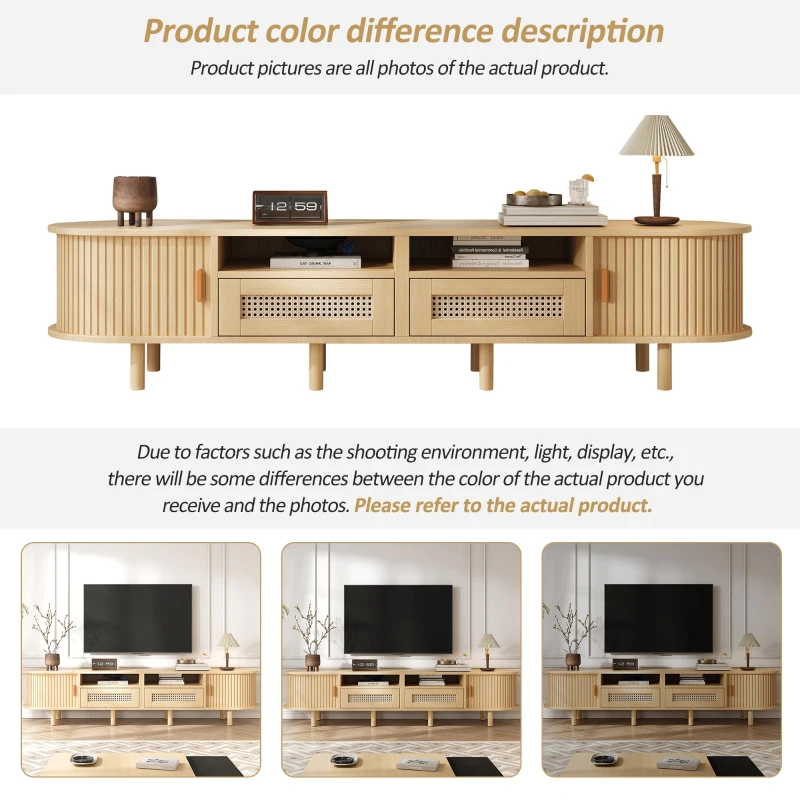 Modern TV Stand with 2 Rattan Drawers and 2 Sliding Doors, Rounded-Corner TV Cabinet with Centre Rattan Panel, 65" L x 15.5" W x 15.5" H, Natural