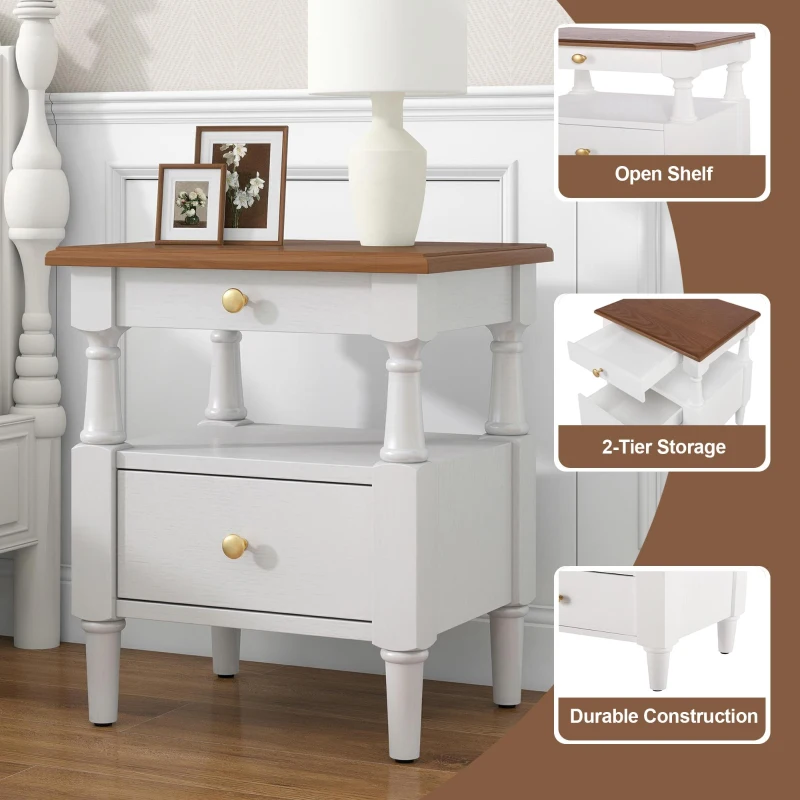 Modern Wooden Nightstand with Drawers and Open Shelf, Solid Wood Bedside Table with Non-Slip Rubber Feet, 19'' L x 15'' W x 22.5'' H, Milk White
