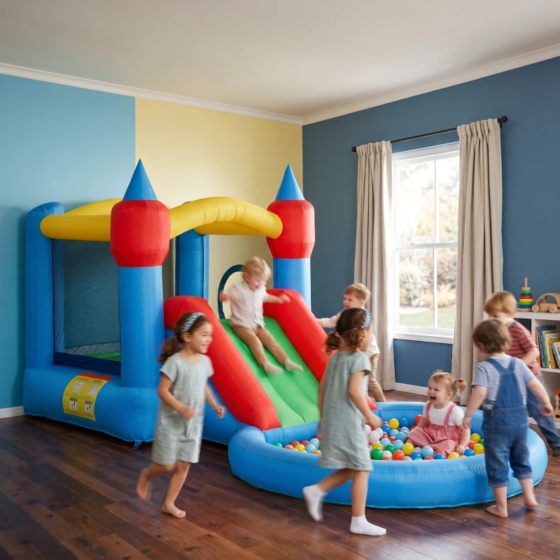 Qaba 4 in 1 Inflatable Bounce House with Slide, Basketball Hoop, Ball Pit, 370W Blower, Storage Bag, 163" x 81" x 75"