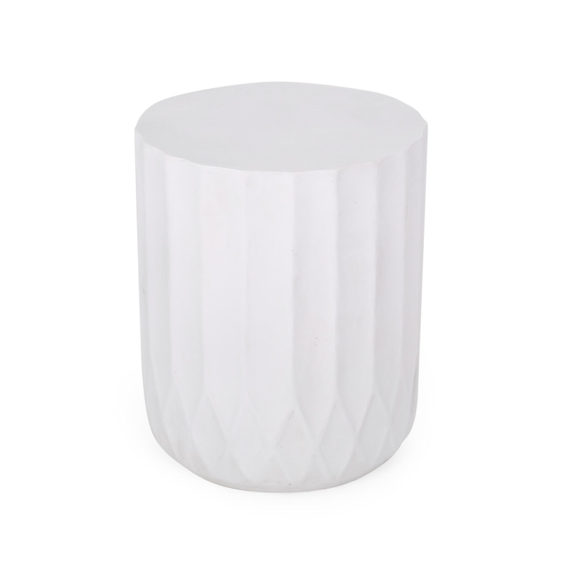 Outdoor Concrete Side Table with Subtly Fluted Cylindrical Base, Cylindrical Accent Table with Soft Wave Edge, 15'' L x 15'' W x 18'' H, Antique White