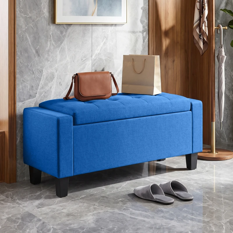 HOMCOM Storage Ottoman, Storage Bench with Wooden Legs, Tufted Armrests for Entryway, Living Room, Bedroom, 36.6", Blue