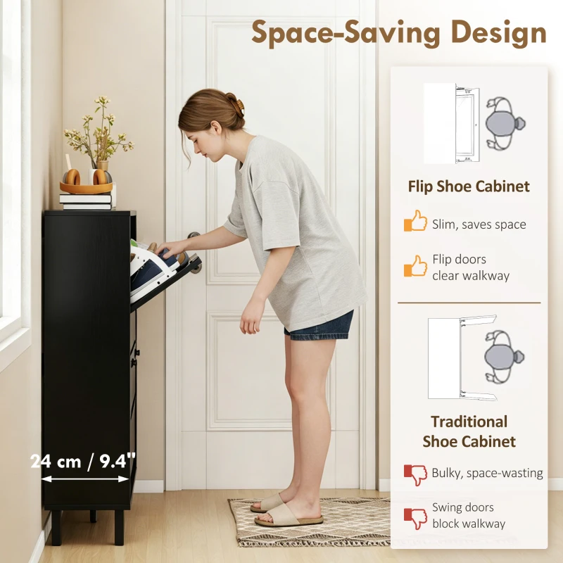 HOMCOM Shoe Cabinet with 4 Flip Drawers, Freestanding Narrow Shoe Storage Cabinet with Adjustable Shelves, Open Back, Black