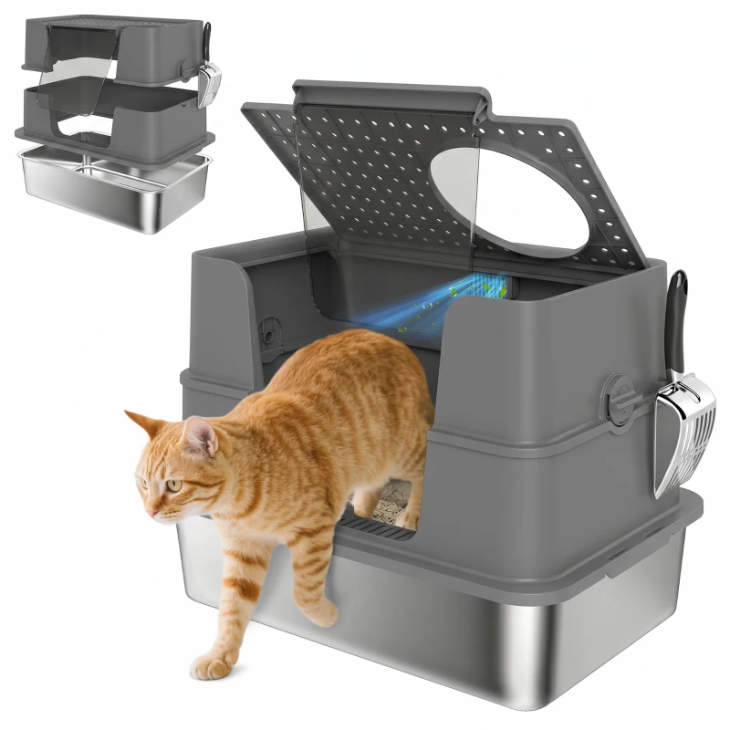 PawHut XL Stainless Steel Litter Box w/ 100° Flip Top, Scoop, Side Top Dual Entry, Odor Free, Easy Cleaning, Anti Leakage