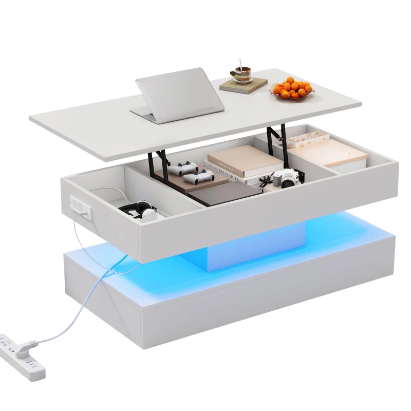 Modern Lift-Up Coffee Table with Bluetooth App-Controlled RGB Lights, Functional Center Table with Hidden Storage, 39.5" L x 19.5" W x 22" H, White