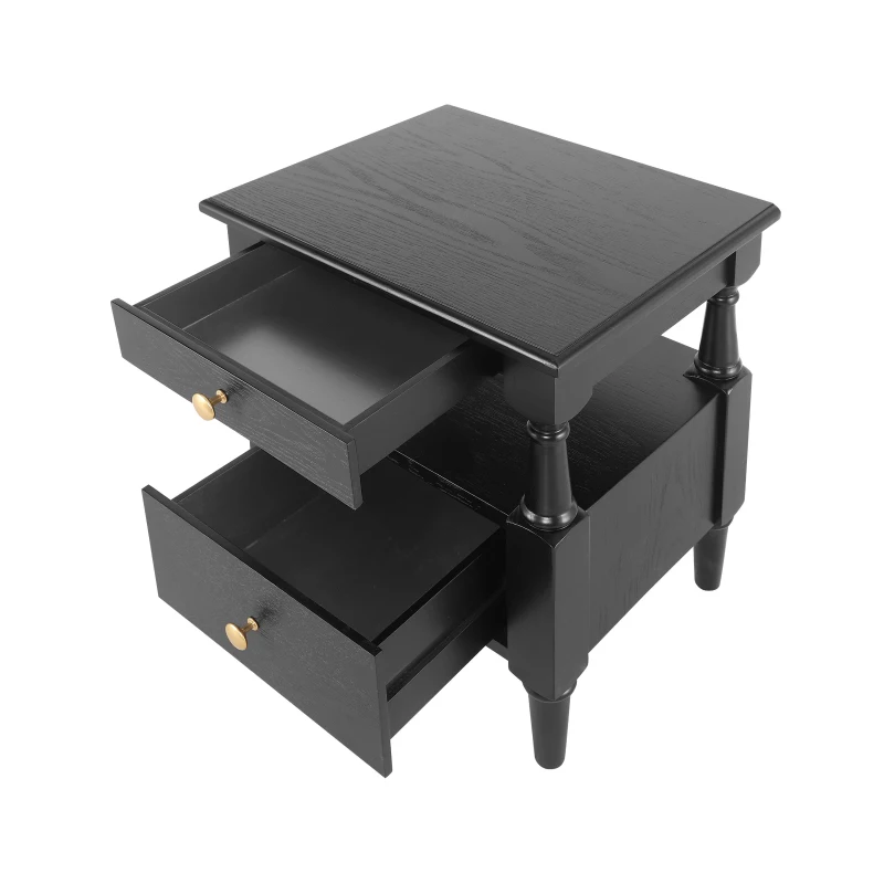 Set of 2 Black Wooden Nightstands with Drawers and Open Shelf, Textured Bedside Tables with Non-Slip Rubber Pads, 19'' L x 15'' W x 22.5'' H, Black