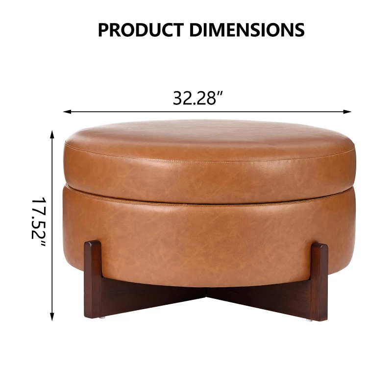 Round Storage Ottoman with Tufted Fabric Upholstery, Multi-Functional Coffee Table with Solid Wood Legs, 32'' L x 32'' W x 17.5'' H, Brown