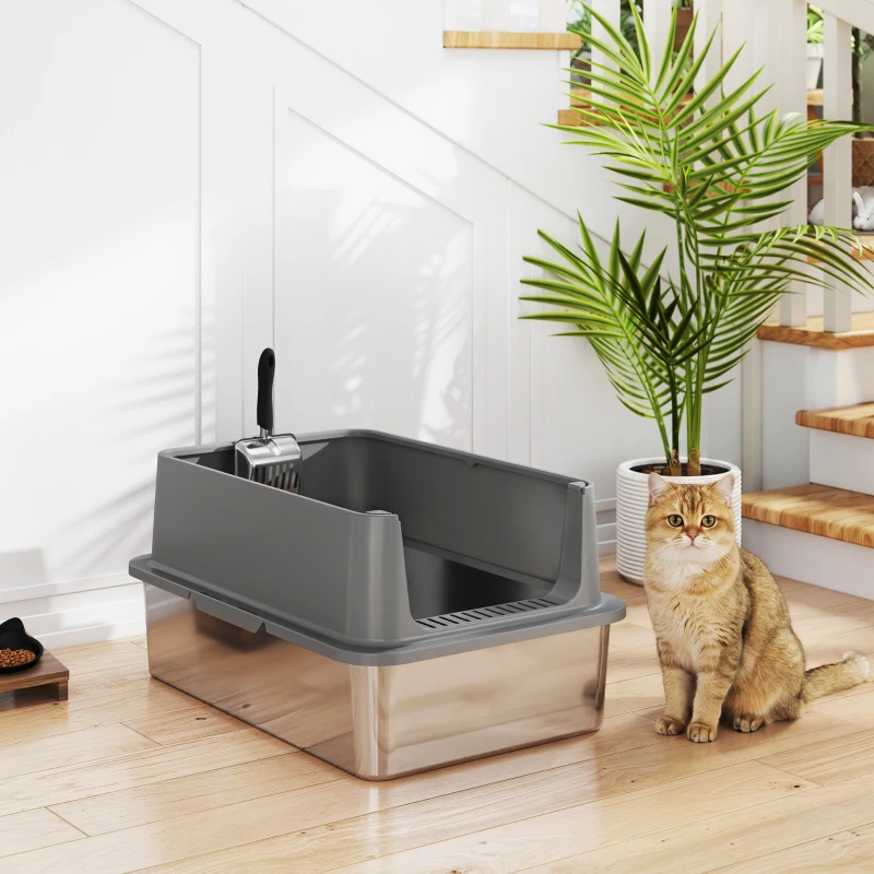 PawHut XL Stainless Steel Cat Litter Box for Big and Multiple Cats with High Wall Side, Scoop, Easy Cleaning & Odor Free
