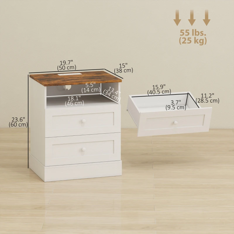 HOMCOM Nightstand with Charging Station 2 Drawers Bedside Table Set of 2 White and Oak