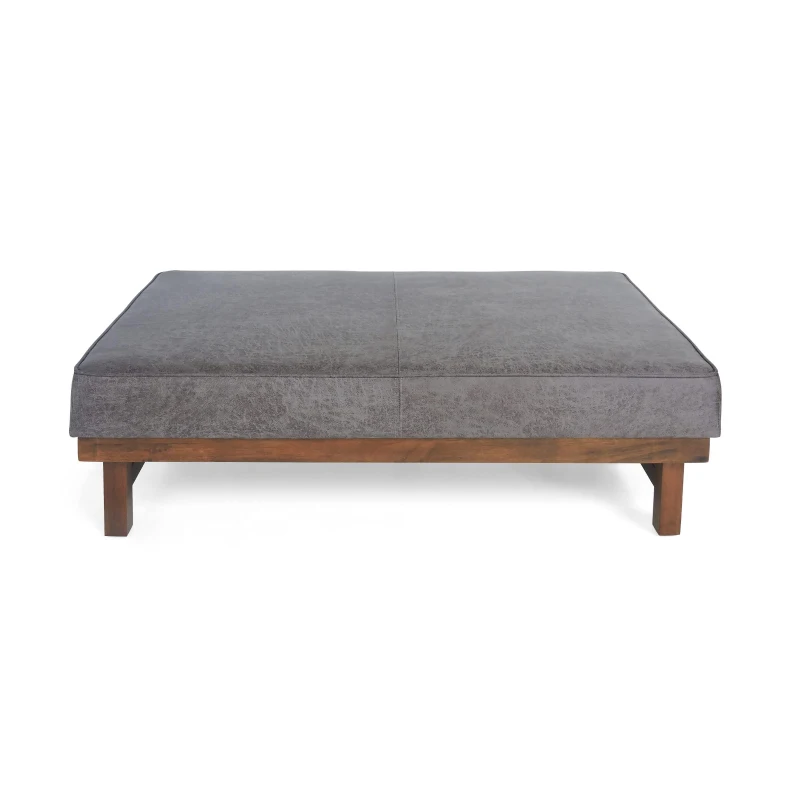 Versatile Faux Leather Cocktail Ottoman with Plush Cushion Top, Large Ottoman Coffee Table with Durable Construction, 48'' L x 27'' W x 15.5'' H, Grey