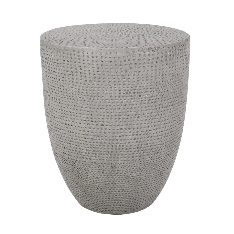 Outdoor Concrete Side Table with Subtly Fluted Cylindrical Base, Boho Fluted Cylindrical Accent with Soft Wave Edge, 14'' L x 14'' W x 17.5'' H, Natural