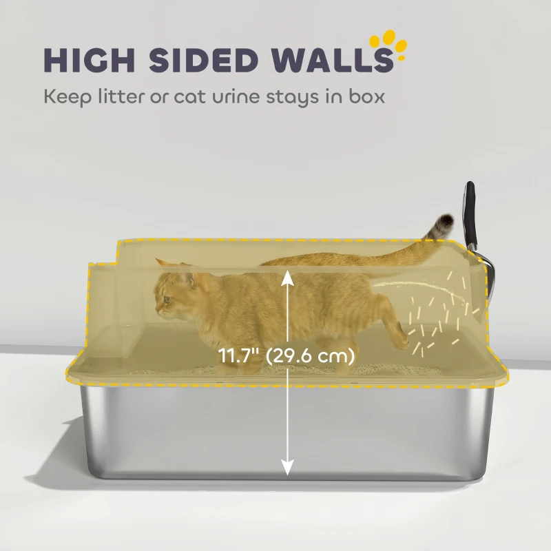 PawHut XL Stainless Steel Cat Litter Box for Big and Multiple Cats with High Wall Side, Scoop, Easy Cleaning & Odor Free