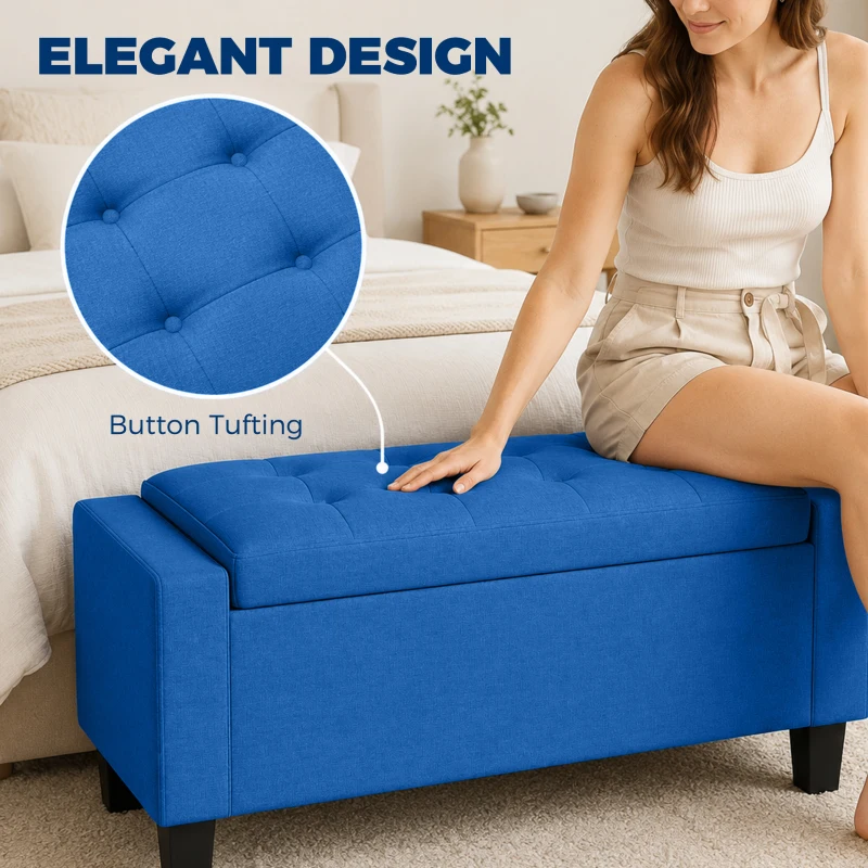 HOMCOM Storage Ottoman, Storage Bench with Wooden Legs, Tufted Armrests for Entryway, Living Room, Bedroom, 36.6", Blue