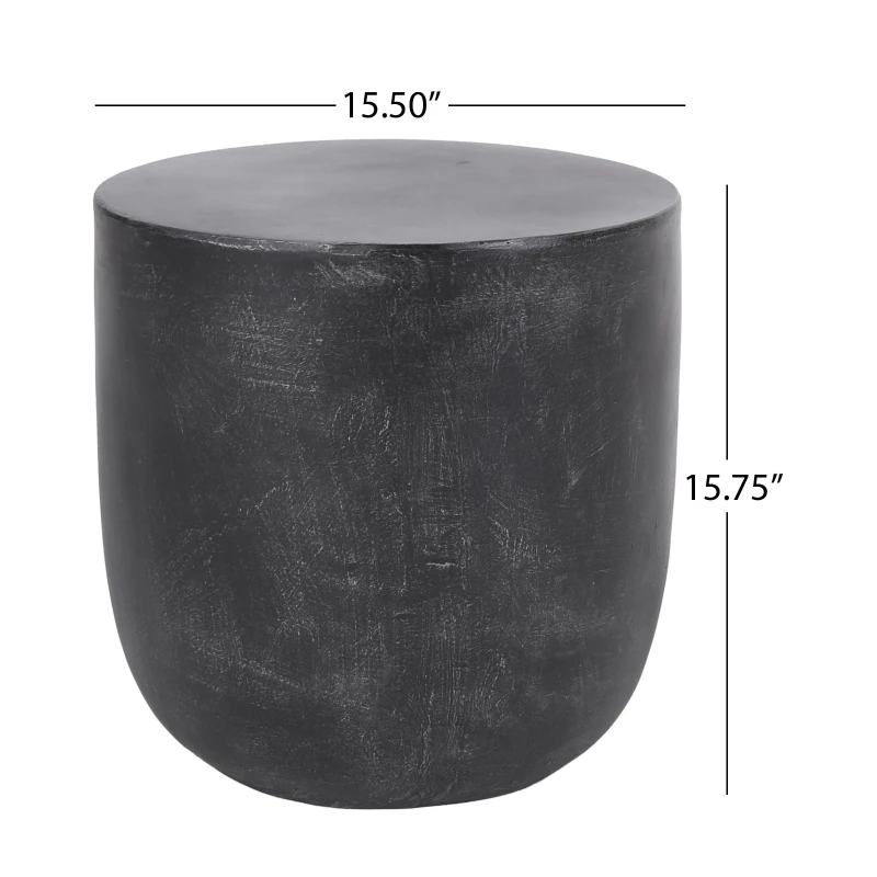 Outdoor Lightweight Concrete Side Table with Fluted Cylindrical Base, Modern Accent Table with Soft Wave Edge, 15.5'' L x 15.5'' W x 16'' H, Matte Black