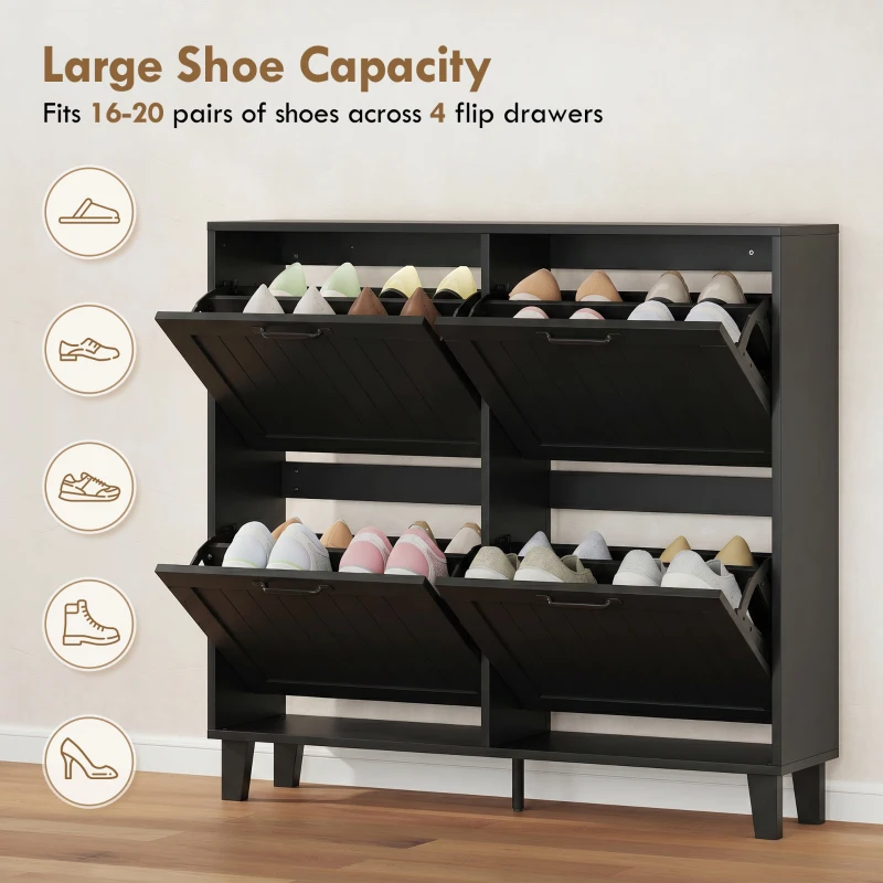HOMCOM Shoe Cabinet with 4 Flip Drawers, Freestanding Narrow Shoe Storage Cabinet with Adjustable Shelves, Open Back, Black