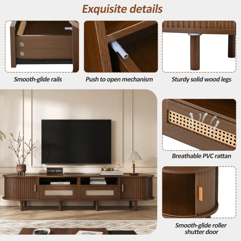 Modern TV Stand with 2 Rattan Drawers and 2 Sliding Doors, Rounded-Corner TV Cabinet with Centre Rattan Panel, 65" L x 15.5" W x 15.5" H, Walnut