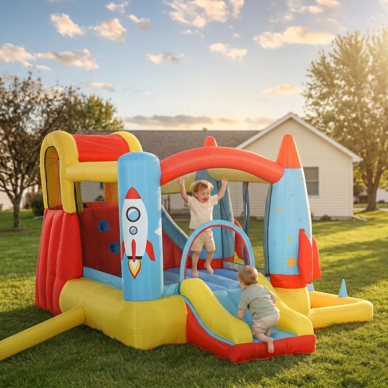 Outsunny Kids Bounce House, 4-in-1 Rocket Inflatable Water Slide Jumping Castle with 2 Slides, Climbing Wall, Trampoline, & Water Pool Area, Air Blower