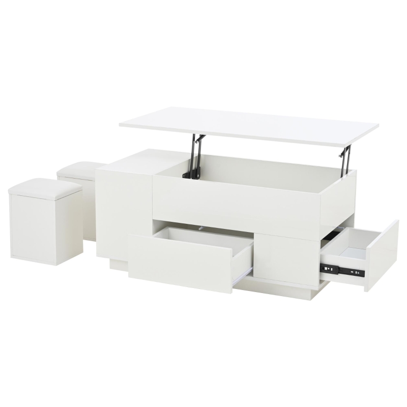 4-in-1 Coffee Table with Height-Adjustable Hydraulic Lift, Versatile Center Table with 2 Soft-Close Drawers, 39.5" L x 19.5" W x 23" H, White
