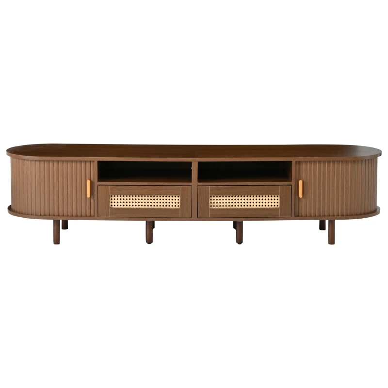 Modern TV Stand with 2 Rattan Drawers and 2 Sliding Doors, Rounded-Corner TV Cabinet with Centre Rattan Panel, 65" L x 15.5" W x 15.5" H, Walnut