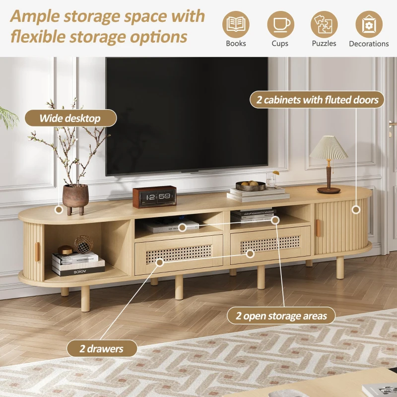 Modern TV Stand with 2 Rattan Drawers and 2 Sliding Doors, Rounded-Corner TV Cabinet with Centre Rattan Panel, 65" L x 15.5" W x 15.5" H, Natural