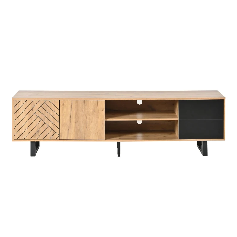 65-Inch Modern TV Stand with Geometric Diagonal Carved Door, Stylish TV Cabinet with Low-Profile Design, 65" L x 15.5" W x 19.5" H, Natural