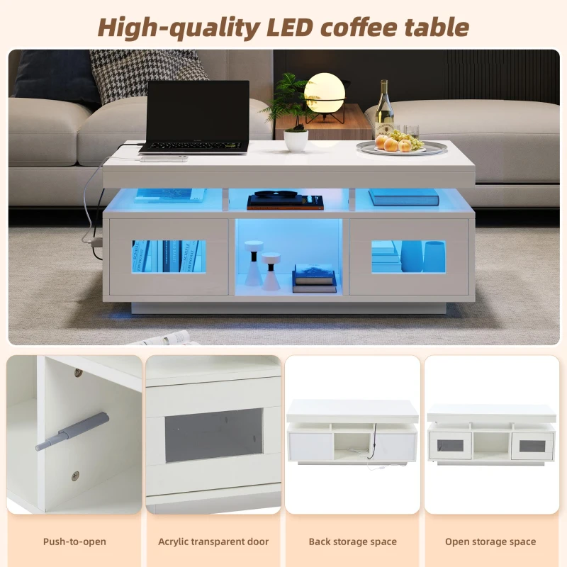 High Gloss Coffee Table with App-Controlled LED Light Strip, Functional Center Table with 2 Soft-Close Acrylic Cabinets, 39.5" L x 19.5" W x 17" H, White
