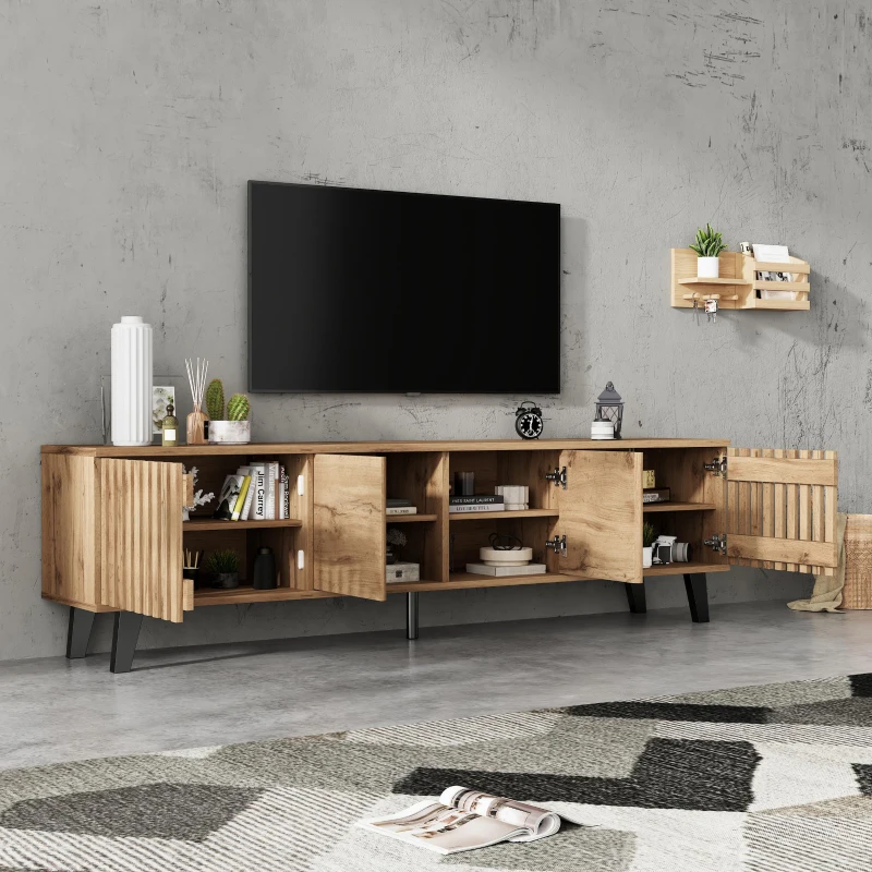Modern Vintage TV Stand for 65-Inch TV with Perforated Side Doors, Spacious TV Cabinet with 8 Shelves, 39.5" L x 19.5" W x 17" H, Natural