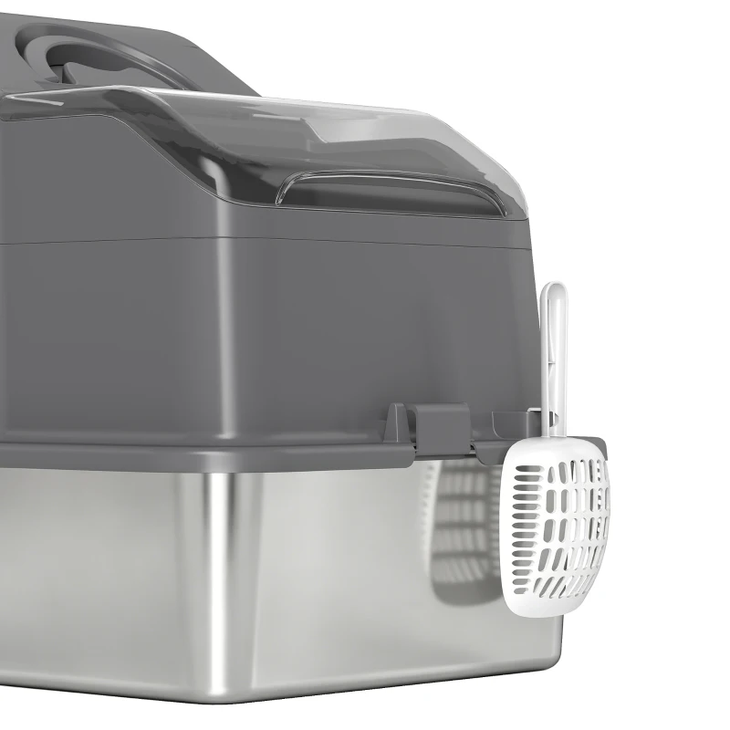 PawHut Extra Large Stainless Steel Cat Litter Box w/ High Sided, Removable Lid, Scoop, Odor Free, Non-Sticky, Dark Grey